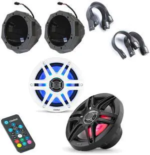 Clarion RGB LED UTV 6.5" Marine Speaker Bundle including Black & White speaker grills, SSV Works 6.5" speaker pods and 1.75" cage mounts