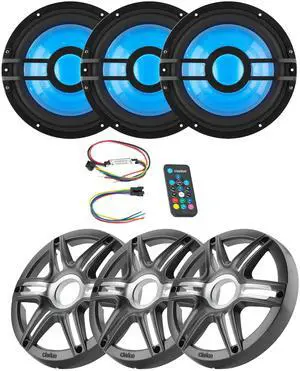 Clarion (3) CMSP-101RGB-2 10" Marine 2-Ohm Subwoofer with RGB LEDs & Remote includes Gray Metallic Sport Grille Clarion (3) CMSP-101RGB-2 10" Marine 2-Ohm Subwoofer with RGB LEDs & Remote includes Gray Metallic Sport Grille