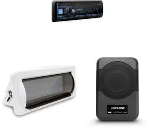 Alpine UTE-83BT Bluetooth Marine Radio Kit with CAMC1W White Single-DIN Cover & PWE-S8-MRN Compact 8" Powered Marine Subwoofer Boat, UTV & Golf Cart Bass Upgrade Alpine UTE-83BT Bluetooth Marine Radio Kit with CAMC1W White Single-DIN Cover & PWE-S8-MRN Compact 8" Powered Marine Subwoofer Boat, UTV & Golf Cart Bass Upgrade