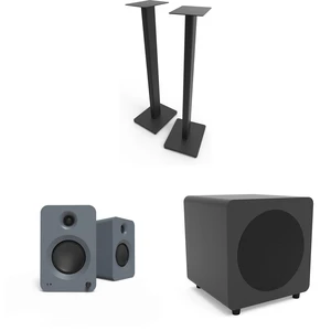 Kanto Ren Powered Speaker System - Grey, Kanto SUB8 Powered 8in Subwoofer- Black and Kanto ST34 Speaker Stands - Black Kanto Ren Powered Speaker System - Grey, Kanto SUB8 Powered 8in Subwoofer- Black and Kanto ST34 Speaker Stands - Black