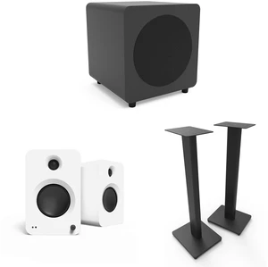 Kanto Ren Powered Speaker System - White, Kanto ST28 Speaker Stands - Black and Kanto powered sub - Black