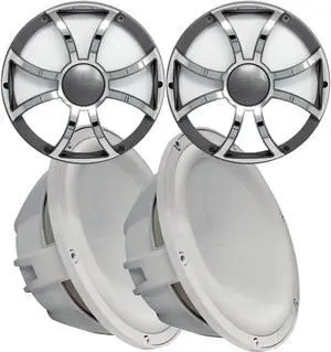 Two Wet Sounds Revo 12" Subwoofers & Grills - White Subwoofers & Gunmetal Stainless Steel Grills - 4 Ohm