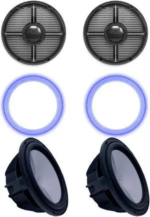 Two Wet Sounds Revo 10" Subwoofers, Grills, & RGB LED Rings - Black Subwoofers & Black Closed Face XW Grills - 4 Ohm