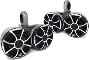 Two Pairs of Wet Sounds REVO6-XSB-SS Black 6.5" LED Speakers in KMTED Black Enclosures with RGB LED Rings
