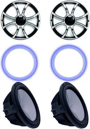 Two Wet Sounds Revo 10" Subwoofers, Grills, & RGB LED Rings - Black Subwoofers & Black Grills With Steel Inserts - 2 Ohm