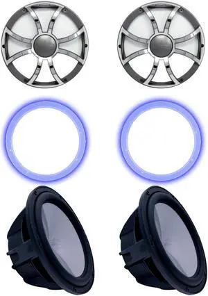 Two Wet Sounds Revo 10" Subwoofers, Grills, & RGB LED Rings - Black Subwoofers & Gunmetal Steel Grills - 2 Ohm