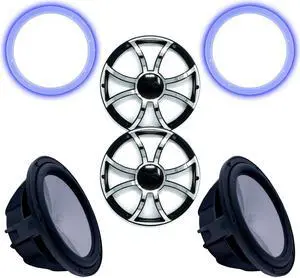 Two Wet Sounds Revo 12" Subwoofers, Grills, & RGB LED Rings - Black Subwoofers & Black Grills With Steel Inserts - 2 Ohm
