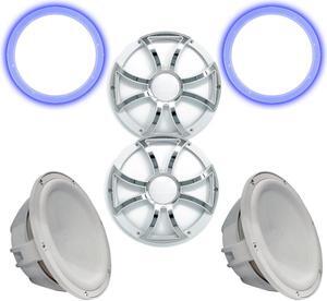 Two Wet Sounds Revo 12" Subwoofers, Grills, & RGB LED Rings - White Subwoofers & White Grills With Steel Inserts - 4 Ohm