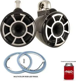 Wet Sounds REV 10 Fixed Clamp Tower Speakers with Wet Sounds LEDKITREV10-RGB RGB LED Speaker Rings - Black