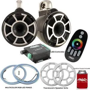 Wet Sounds REV10B-FC Fixed Clamp Tower Speakers with RGB LED Rings, Translucent Grills & RGB LED Controller - Black