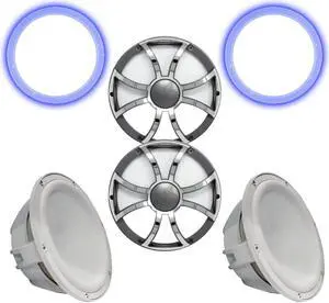 Two Wet Sounds Revo 12" Subwoofers, Grills, & RGB LED Rings - White Subwoofers & Gunmetal Steel Grills - 4 Ohm
