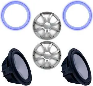 Two Wet Sounds Revo 12" Subwoofers, Grills, & RGB LED Rings - Black Subwoofers & Silver XS Grills - 2 Ohm