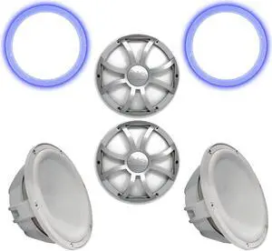 Two Wet Sounds Revo 12" Subwoofers, Grills, & RGB LED Rings - White Subwoofers & Silver XS Grills - 4 Ohm
