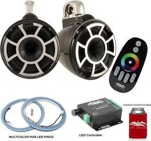 Wet Sounds REV10B-FC Fixed Clamp Tower Speakers with RGB LED Rings & RF-RGB-MCV2 RGB LED Controller - Black