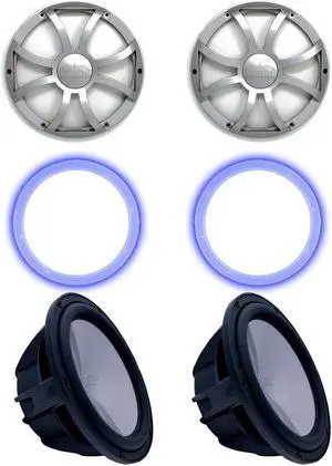 Two Wet Sounds Revo 10" Subwoofers, Grills, & RGB LED Rings - Black Subwoofers & Silver XS Grills - 4 Ohm