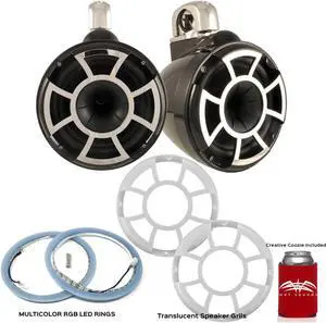 Wet Sounds REV 10 Fixed Clamp Tower Speakers with LEDKITREV10-RGB RGB LED Rings & Translucent Grills - Black
