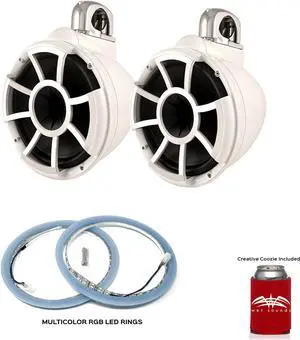 Wet Sounds REV 10 Fixed Clamp Tower Speakers with Wet Sounds LEDKITREV10-RGB RGB LED Speaker Rings - White