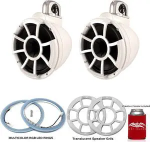 Wet Sounds REV10W-FC Fixed Clamp Tower Speakers with LEDKITREV10-RGB RGB LED Rings & Translucent Grills - White