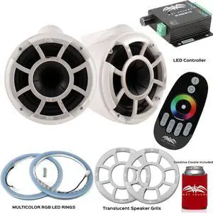 Wet Sounds REV10W-X X-Mount Tower Speakers with RGB LED Speaker Rings, Translucent Grills & LED Music Controller