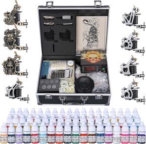 Complete Tattoo Kit 2 Machine Gun Power Supply 4 Black Ink Needles Grips Tips Basic Set Equipment