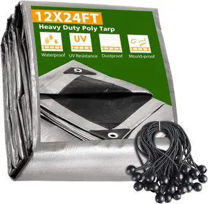 12x24 Ft 10 Mil Poly Tarp Protective Cover Ball Bungee Kit Tarpaulin Outdoor