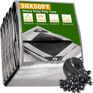 Yescom 30x50 Ft Waterproof Poly Tarp with 25 Ball Bungees Protect Cover 10mil Tarpaulin