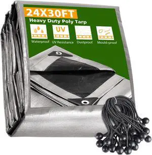 Yescom 24x30 Ft Waterproof Poly Tarp with 25 Ball Bungees Protect Cover 10mil Tarpaulin