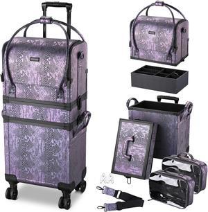 Byootique Purple Makeup Train Case Lockable Rolling Cosmetic Trolley Storage