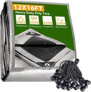 Yescom 12x16 Ft Waterproof Poly Tarp with 25 Ball Bungees Protect Cover 10mil Tarpaulin