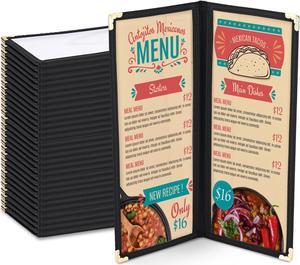 WeChef 30 Packs Restaurant Menu Covers 4.25 x 11 Double Fold 2 Pages 4 Views Black