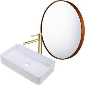 Aquaterior Bathroom Ceramic Vessel Sink Faucet Drain Kit w/ Round Wooden Mirror