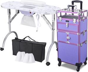 Byootique Folding Manicure Nail Table 2in1 Rolling Makeup Train Case Kit Manicure Cosmetic Trolley Travel Organizer Nail Case, Purple