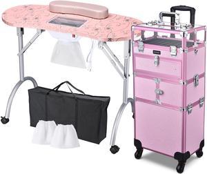 Byootique Folding Manicure Nail Table 2in1 Rolling Makeup Train Case Kit Manicure Cosmetic Trolley Travel Organizer Nail Case, Pink