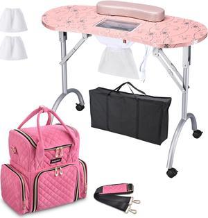 Byootique Folding Manicure Table Nail Polish Carrying Case with Built-in Dust Collector Lockable Wheel for Nail Beauty Spa Salon Home, Pink