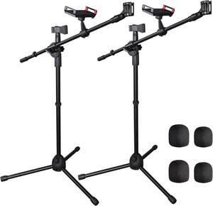2 Pack Microphone Boom Arm Stand Adjustable Tripod W/ Phone Holder Dual Mic Clip