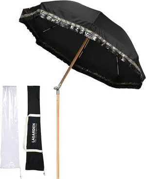 LAGarden 6 Ft Fringe Patio Umbrella with Tassel Jazz Age Wood for Outdoor, Black with glitzy sequin,Model: JZ6-06