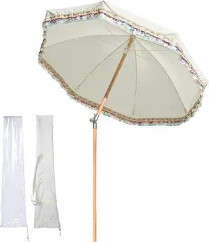 LAGarden 6 Ft Fringe Patio Umbrella with Tassel Jazz Age Wood for Garden, Beige with muti-colored sequin,Model: JZ6-12