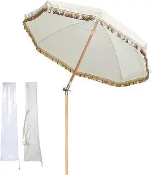 LAGarden 6 Ft Fringe Patio Umbrella with Tassel Jazz Age Wood for Garden, Beige with gold glitzy sequin,Model: JZ6-15