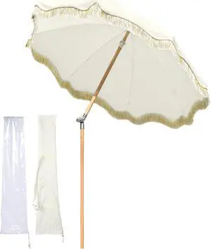 LAGarden 6 Ft Fringe Patio Umbrella with Tassel Jazz Age Wood UPF50+ for Outdoor, Beige with gold tassel,Model: JZ6-01