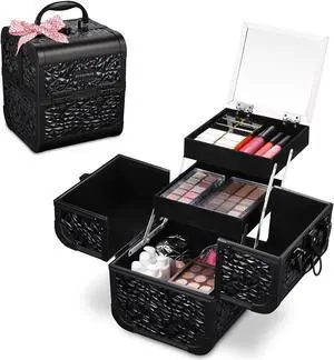 Byootique Makeup Train Case Cosmetic Organizer w/ Mirror Classic Black Artist