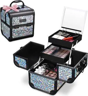 Byootique Makeup Train Case Cosmetic Organizer w/ Mirror Mermaid Silver Artist