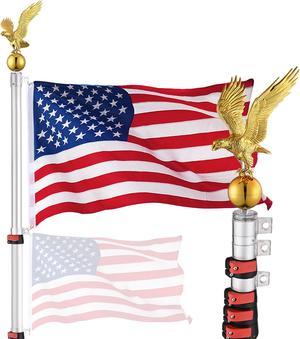 Yescom EZ GO 20ft Eagle Topper Telescopic Flag Pole Kit Upgraded Rotating Lock Outside 3x5' US Flag Ball Final Silver