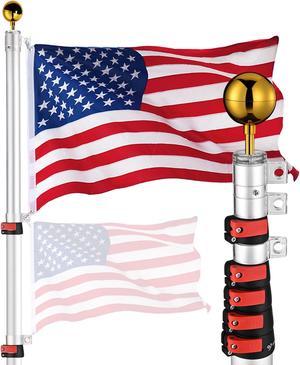 Yescom EZ GO 20ft Telescopic Flag Pole Kit Upgrade Rotating Lock for Outside Inground with 3x5' US Flag Ball Top Silver