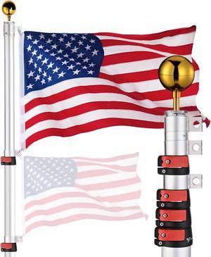 Yescom EZ GO 25ft Telescopic Flag Pole Kit Upgrade Rotating Lock for Outside Inground with 3x5' US Flag Ball Top Silver