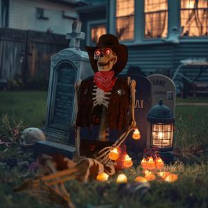 Yescom Life Size Skeleton Poseable with Halloween Lights, Full Size Western Cowboy Skeleton with Glowing Eyes 5.4 Ft for Halloween Party Decorations Haunted House Props 2024