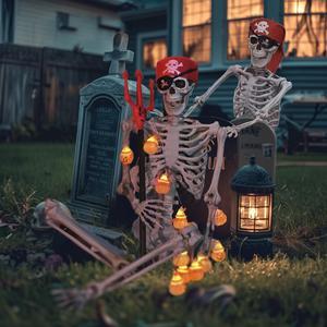 Yescom 2 Pack Pirate Life Size Skeleton Poseable with Halloween Lights, Full Size Skeleton Human 5.4 Ft for Party Decorations Patio Garden Haunted House Props 2024