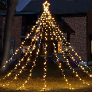 12 Ft Waterfall Cone Tree Light with 362 LED Star 9 Strings Christmas Warm White