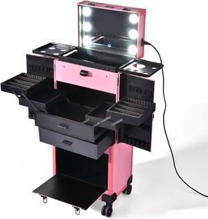 AW® Rolling Makeup Case Pro Hair Stylist Barber Artists Case Multifunction Lighted Lockable