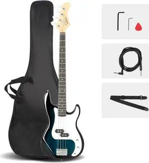Electric Bass Guitar Full Size Standard Beginner Kit 4 String Cable Strap Carry Bag Blue