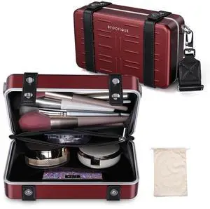 Byootique Mini Suitcase Crossbody Bag Portable Hard Shell Aluminum Cosmetic Makeup Case with Adjustable Strap Travel Handbag for Makeup Artist,Red